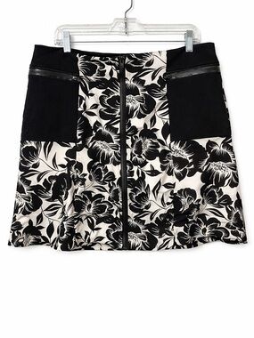 Worthington Black & White Floral A-Line Mini Skirt 12 Front Zip Zipper Pocket